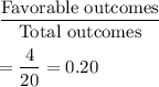 \dfrac{\text{Favorable outcomes}}{\text{Total outcomes}}\\\\=\dfrac{4}{20}=0.20