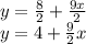 y=\frac{8}{2}+\frac{9x}{2}  \\y=4+\frac{9}{2}x