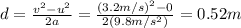 d=\frac{v^2-u^2}{2a}=\frac{(3.2 m/s)^2-0}{2(9.8 m/s^2)}=0.52 m