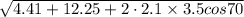 \sqrt{4.41+12.25+ 2\cdot2.1\times3.5cos 70