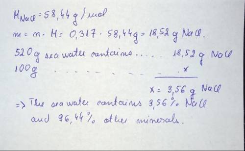 A520-gram sample of seawater contains 0.317 moles of nacl. what is the percent composition of nacl i