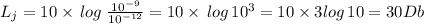 L_j=10\times\,log\;\frac{10^{-9}}{10^{-12}}=10\times\,log\,10^3=10\times3log\,10=30Db