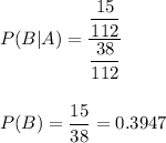 P(B|A)=\dfrac{\dfrac{15}{112}}{\dfrac{38}{112}}\\\\\\P(B\A)=\dfrac{15}{38}=0.3947