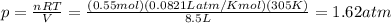 p=\frac{nRT}{V}=\frac{(0.55 mol)(0.0821 Latm/Kmol)(305 K)}{8.5 L}=1.62 atm