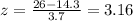 z=\frac{26-14.3}{3.7}=3.16\\