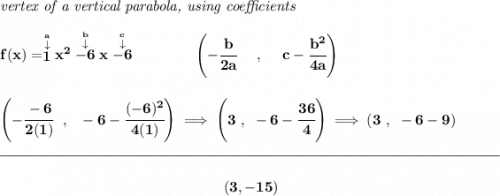 \bf \textit{vertex of a vertical parabola, using coefficients} \\\\ f(x)=\stackrel{\stackrel{a}{\downarrow }}{1}x^2\stackrel{\stackrel{b}{\downarrow }}{-6}x\stackrel{\stackrel{c}{\downarrow }}{-6} \qquad \qquad \left(-\cfrac{ b}{2 a}~~~~ ,~~~~ c-\cfrac{ b^2}{4 a}\right) \\\\\\ \left( -\cfrac{-6}{2(1)}~~,~~-6-\cfrac{(-6)^2}{4(1)}\right)\implies \left( 3~,~-6-\cfrac{36}{4} \right)\implies (3~,~-6-9) \\\\[-0.35em] \rule{34em}{0.25pt}\\\\ ~\hfill (3,-15)~\hfill