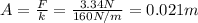 A=\frac{F}{k}=\frac{3.34 N}{160 N/m}=0.021 m