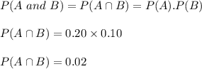P(A\ and\ B)=P(A\cap B)=P(A).P(B)\\\\P(A\cap B)=0.20\times 0.10\\\\P(A\cap B)=0.02