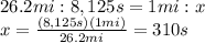 26.2 mi : 8,125 s = 1 mi : x\\x=\frac{(8,125 s)(1 mi)}{26.2 mi}=310 s