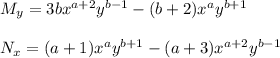 M_y = 3b x^{a+2} y^{b-1} -(b+2) x^a y^{b+1} \\  \\ N_x = (a+1)x^a y^{b+1} - (a+3)x^{a+2} y^{b-1}