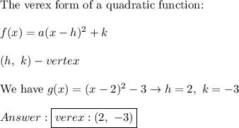 \text{The verex form of a quadratic function:}\\\\f(x)=a(x-h)^2+k\\\\(h,\ k)-vertex\\\\\text{We have}\ g(x)=(x-2)^2-3\to h=2,\ k=-3\\\\\boxed{verex:(2,\ -3)}