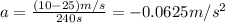 a=\frac{(10-25)m/s}{240s}=-0.0625m/s^2