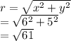 r=\sqrt{x^2+y^2}\\=\sqrt{6^2+5^2}\\=\sqrt{61}