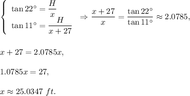 \left\{\begin{array}{l}\tan 22^{\circ}=\dfrac{H}{x}\\\tan 11^{\circ}=\dfrac{H}{x+27}\end{array}\right.\Rightarrow \dfrac{x+27}{x}=\dfrac{\tan 22^{\circ}}{\tan 11^{\circ}}\approx 2.0785,\\ \\ \\x+27=2.0785x,\\ \\1.0785x=27,\\ \\x\approx 25.0347\ ft.