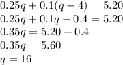 0.25q+0.1(q-4)=5.20\\0.25q+0.1q-0.4=5.20\\0.35q=5.20+0.4\\0.35q=5.60\\q=16