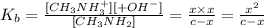 K_b=\frac{[CH_3NH_3^+][+OH^-]}{[CH_3NH_2]}=\frac{x\times x}{c-x}=\frac{x^2}{c-x}