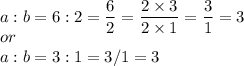 a:b = 6:2 = \dfrac{6}{2} = \dfrac{2 \times 3}{2 \times 1} = \dfrac{3}{1} = 3\\or\\a : b = 3 : 1 = 3/1 = 3