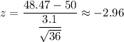 z=\dfrac{48.47-50}{\dfrac{3.1}{\sqrt{36}}}\approx-2.96