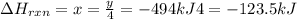 \Delta H_{rxn}=x=\frac{y}{4}={-494 kJ}{4}=-123.5 kJ