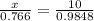 \frac{x}{0.766} =\frac{10}{0.9848}