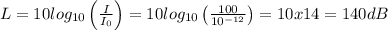 L=10log_{10}\left ( \frac{I}{I_0}\right )=10log_{10}\left ( \frac{100}{10^{-12}}\right )=10x14=140dB