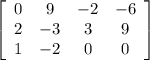 \left[\begin{array}{cccc}0&9&-2&-6\\2&-3&3&9\\1&-2&0&0\end{array}\right]