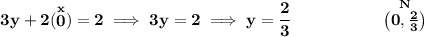 \bf 3y+2(\stackrel{x}{0})=2\implies 3y=2\implies y=\cfrac{2}{3}~\hspace{5em}\stackrel{N}{\left( 0,\frac{2}{3} \right)}