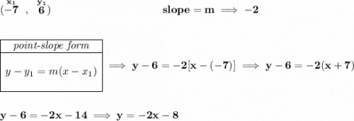 \bf (\stackrel{x_1}{-7}~,~\stackrel{y_1}{6})~\hspace{10em} slope = m\implies -2 \\\\\\ \begin{array}{|c|ll} \cline{1-1} \textit{point-slope form}\\ \cline{1-1} \\ y-y_1=m(x-x_1) \\\\ \cline{1-1} \end{array}\implies y-6=-2[x-(-7)] \implies y-6=-2(x+7) \\\\\\ y-6=-2x-14\implies y=-2x-8