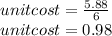 unitcost=\frac{5.88}{6}\\unitcost=0.98