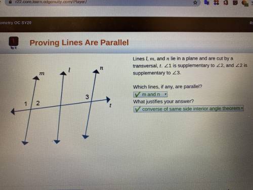 Lines l, m, and n lie in a plane and are cut by a transversals, < 1 is supplementary to < 2, a