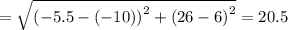 =\sqrt{\left(-5.5-\left(-10\right)\right)^2+\left(26-6\right)^2}= 20.5