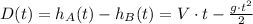 D(t) = h_A(t) - h_B (t) = V \cdot t - \frac{g \cdot t^2}{2}