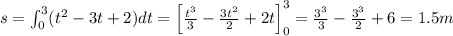 s=\int_{0}^{3}(t^2-3t+2)dt=\left [ \frac{t^3}{3}-\frac{3t^2}{2}+2t\right ]_0^3=\frac{3^3}{3}-\frac{3^3}{2}+6=1.5m