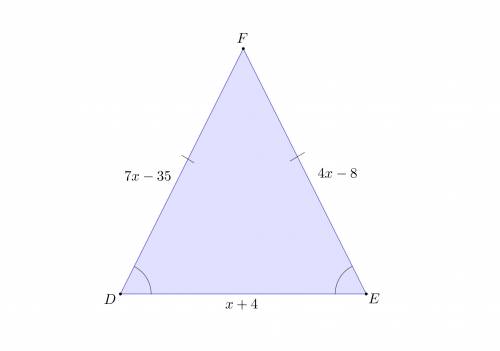 In triangle def, if angle d is congruent to angle e, de= x + 4, ef= 4x - 8, and df= 7x - 35 find x a