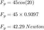 F_y = 45cos(20)\\\\F_y = 45 \times 0.9397\\\\F_y = 42.29 \; Newton