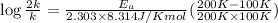 \log\frac{2k}{k}=\frac{E_a}{2.303\times 8.314 J/K mol}(\frac{200 K-100K}{200 K\times 100K})