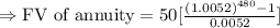 \Rightarrow \text{FV of annuity}=50[\frac{(1.0052)^{480}-1}{{0.0052}}]