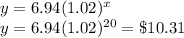 y = 6.94(1.02)^x\\y = 6.94(1.02)^{20} = \$10.31