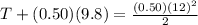 T + (0.50)(9.8) =\frac{(0.50)(12)^{2}}{2}