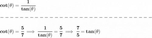 \bf cot(\theta )=\cfrac{1}{tan(\theta )}\\\\&#10;-------------------------------\\\\&#10;cot(\theta )=\cfrac{5}{7}\implies \cfrac{1}{tan(\theta )}=\cfrac{5}{7}\implies \cfrac{7}{5}=tan(\theta )
