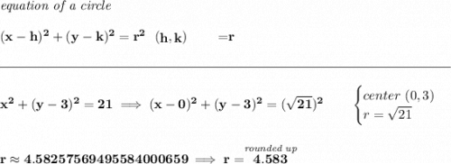 \bf\textit{equation of a circle}\\\\(x- h)^2+(y- k)^2= r^2\qquadcenter~~(\stackrel{}{ h},\stackrel{}{ k})\qquad \qquadradius=\stackrel{}{ r}\\\\[-0.35em]\rule{34em}{0.25pt}\\\\x^2+(y-3)^2=21\implies (x-0)^2+(y-3)^2=(\sqrt{21})^2\qquad \begin{cases}center~(0,3)\\r=\sqrt{21}\end{cases}\\\\\\r\approx 4.58257569495584000659\implies r = \stackrel{\textit{rounded up}}{4.583}