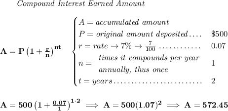 \bf ~~~~~~ \textit{Compound Interest Earned Amount}\\\\A=P\left(1+\frac{r}{n}\right)^{nt}\quad\begin{cases}A=\textit{accumulated amount}\\P=\textit{original amount deposited}\dotfill &\$500\\r=rate\to 7\%\to \frac{7}{100}\dotfill &0.07\\n=\begin{array}{llll}\textit{times it compounds per year}\\\textit{annually, thus once}\end{array}\dotfill &1\\t=years\dotfill &2\end{cases}\\\\\\A=500\left(1+\frac{0.07}{1}\right)^{1\cdot 2}\implies A=500(1.07)^2\implies A=572.45