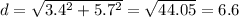 d = \sqrt{3.4^2 + 5.7^2} = \sqrt{44.05} = 6.6