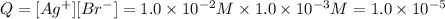 Q=[Ag^+][Br^-]=1.0\times 10^{-2} M\times 1.0\times 10^{-3} M=1.0\times 10^{-5}