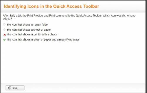 After sally adds the print preview and print command to the quick access toolbar, which icon would s