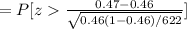 = P[z  {\frac{0.47 -0.46}{\sqrt{0.46(1-0.46)/622}}]