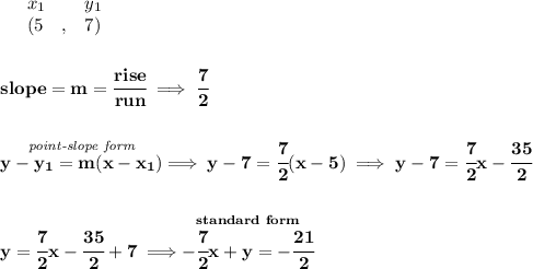 \bf \begin{array}{lllll}&#10;&x_1&y_1\\&#10;%   (a,b)&#10;&({{ 5}}\quad ,&{{ 7}})&#10;\end{array}&#10;\\\\\\&#10;% slope  = m&#10;slope = {{ m}}= \cfrac{rise}{run} \implies \cfrac{7}{2}&#10;\\\\\\&#10;% point-slope intercept&#10;\stackrel{\textit{point-slope form}}{y-{{ y_1}}={{ m}}(x-{{ x_1}})}\implies y-7=\cfrac{7}{2}(x-5)\implies y-7=\cfrac{7}{2}x-\cfrac{35}{2}&#10;\\\\\\&#10;y=\cfrac{7}{2}x-\cfrac{35}{2}+7\implies \stackrel{standard~form}{-\cfrac{7}{2}x+y=-\cfrac{21}{2}}