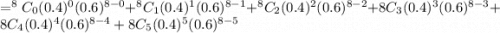 =^8C_0 (0.4)^0(0.6)^{8-0}+^8C_1(0.4)^1(0.6)^{8-1}+^8C_2 (0.4)^2 (0.6)^{8-2}+8C_3 (0.4)^3 (0.6)^{8-3}+8C_4 (0.4)^4 (0.6)^{8-4}+8C_5(0.4)^5 (0.6)^{8-5}