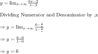 y= \lim_{x \to \infty} \frac{6x-2}{x-3}\\\\\text{Dividing Numerator and Denominator by ,x}\\\\\Rightarrow y=\lim_{x \to \infty} \frac{6-\frac{2}{x}}{1-\frac{3}{x}}\\\\\Rightarrow y=\frac{6-0}{1-0}\\\\\Rightarrow y=6