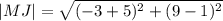 |MJ|=\sqrt{(-3+5)^2+(9-1)^2}